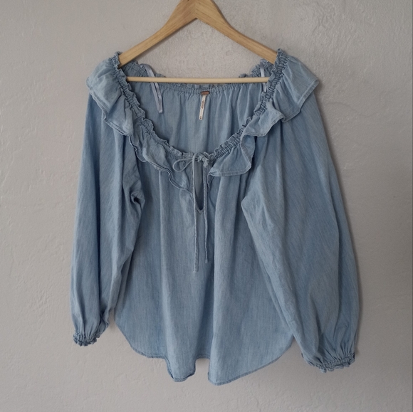 Free People Lily Of The Valley Chambray Ruffled Blouse M - Picture 5 of 14